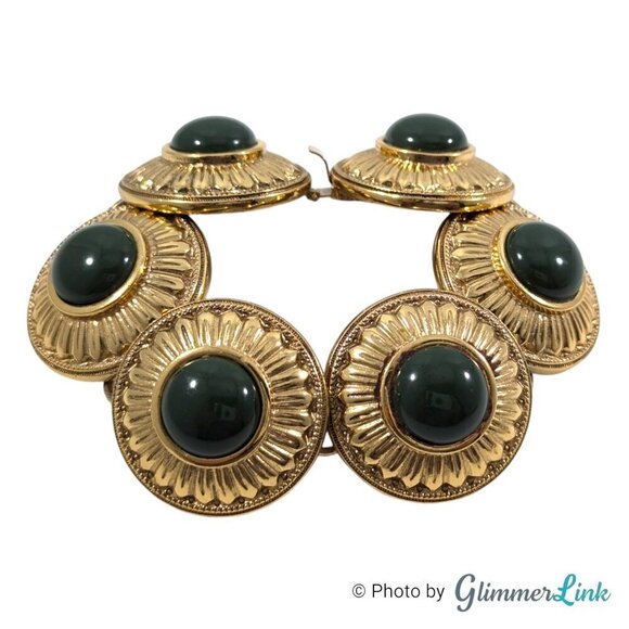 Trina Turk Green Cabochon Round Medallion Gold Tone Link Bracelet - Picture 1 of 10